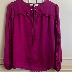 LOFT Magenta Ruffle Tie-Neck Blouse